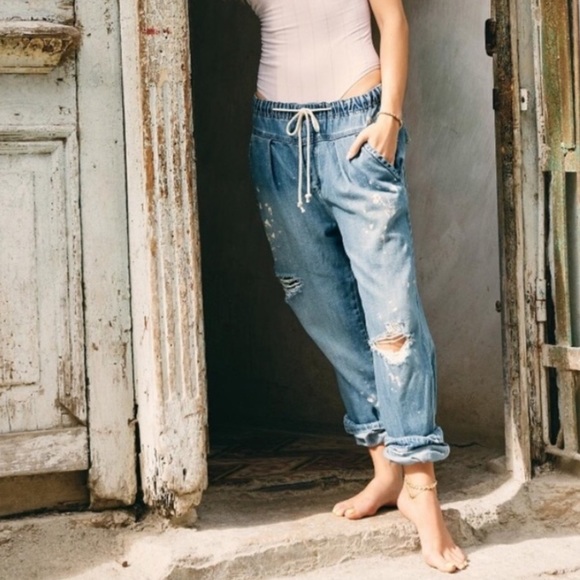 free people mixed up cotton distressed utility jeans